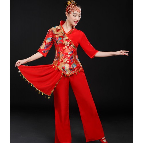 Women's chinese folk dance costumes red colored drummer yangko fan dance costumes china dragon style ancient traditional dance dresses